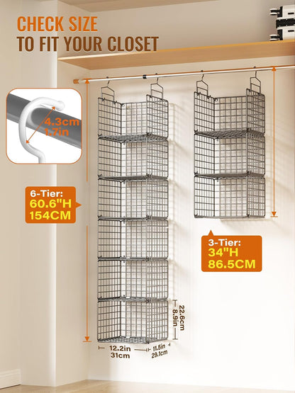 Hanging Closet Organizer, 4 Tier Metal Closet Organizers and Storage with 4 Hanging Hooks 4 S-Hooks for Wardrobe Laundry Room, Wire Storage Shelf for Clothes Sweaters Pants (White)