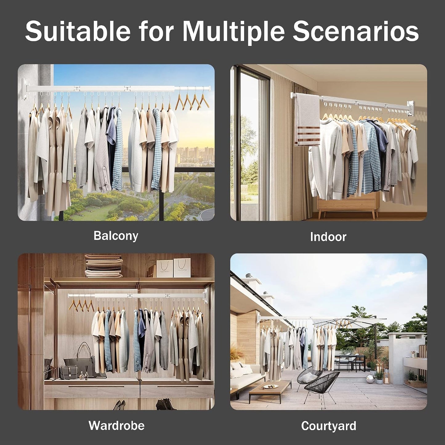 Wall Mounted Tri-Fold Clothes Drying Rack, Heavy Duty Collapsible Laundry Drying Rack, Space-Saving Retractable Foldable Drying Rack Clothes for Laundry Room Balcony Bathroom,Black-Hooks