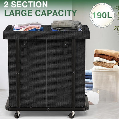 60 Gal(230L) Laundry Basket with Lid, Rolling Laundry Hamper with Wheels, Dirty Clothes Hamper with Metal Frame and Removable Bag Design, Suitable for Laundry Room, Bedroom (Black, 3 Section 230L)