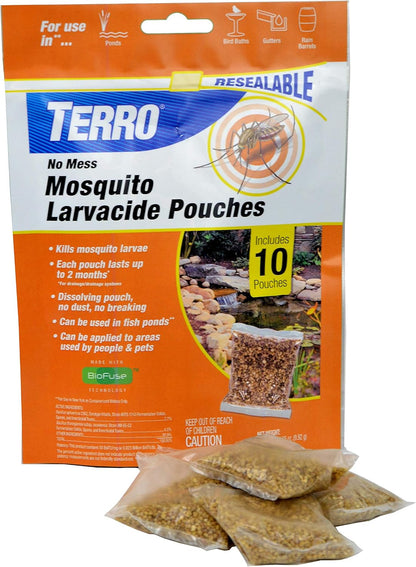 TERRO No Mess Mosquito Larvacide Pouches - 10 Pouches Included - T1210-10 Mosquito Larvacide Packets - Dissolvable Pouch for Stagnant Water