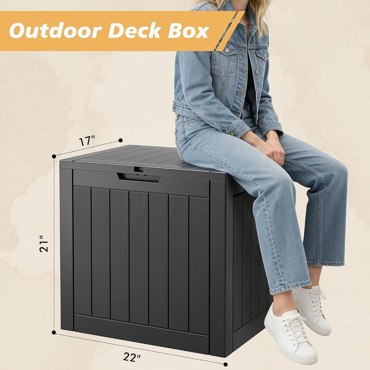 Fancyango 75 Gallon Outdoor Deck Box Waterproof, Large Storage Box for Patio, Resin Storage Bench Lockable for Garden Tools, Package Delivery, Black