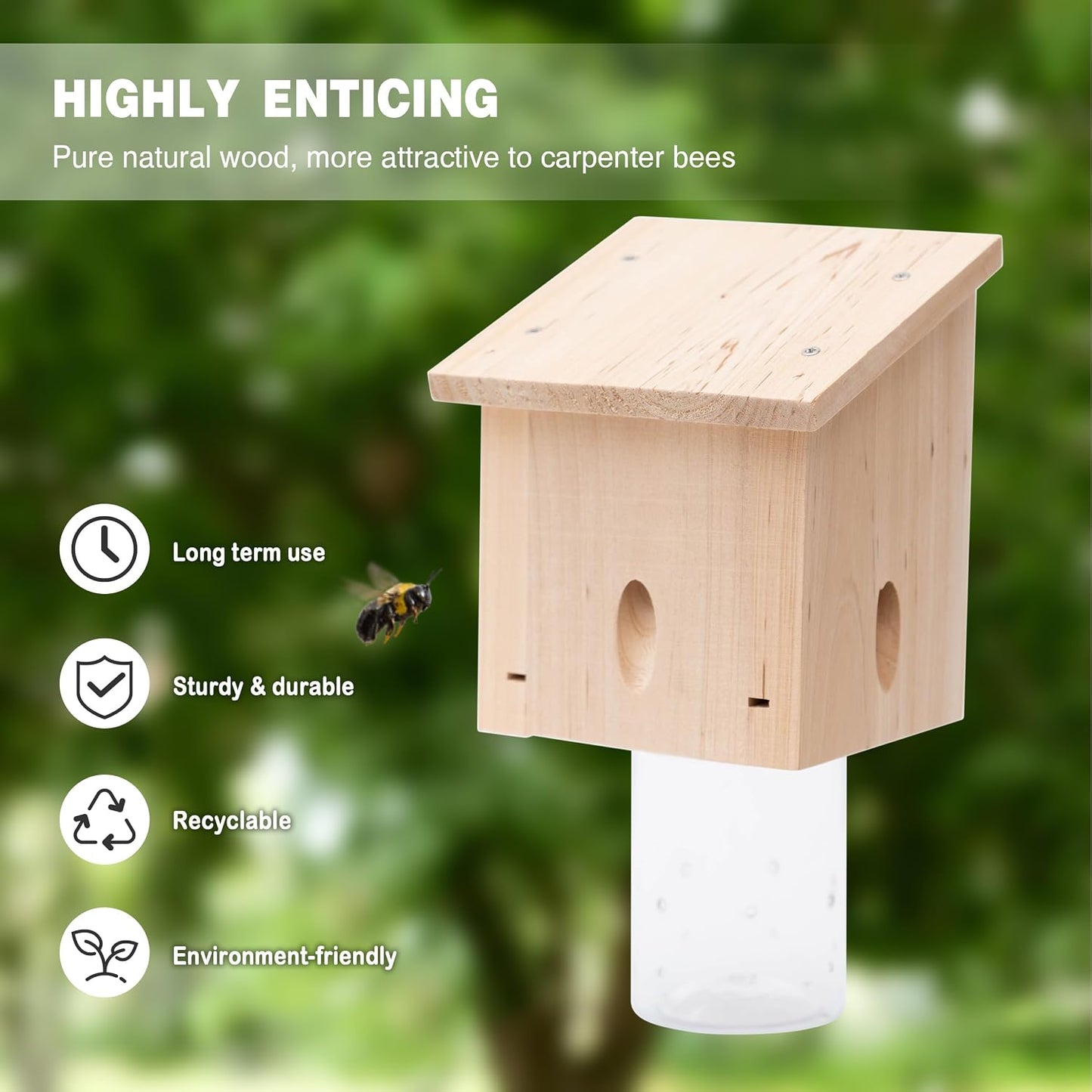 Carpenter Bee Trap for Outside - Pentroof Style Nature Hanging Wood Carpenter Bee Traps Outdoor - Best Bee Trap - Insect Traps with Removable Vault