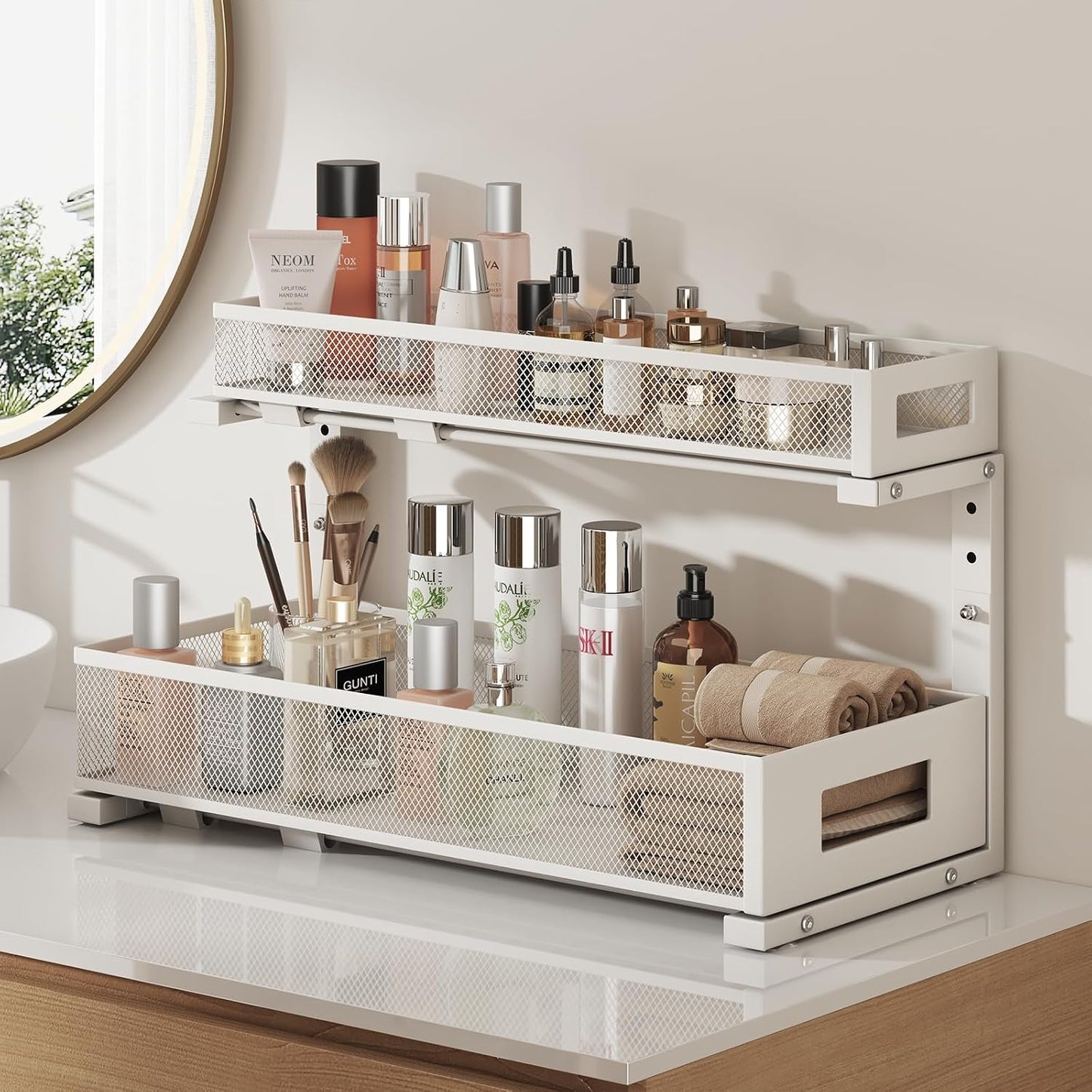 2-Pack Under Sink Storage Organizer, Large 2-Tier Elegant Mesh Pull Out Shelf for Kitchen and Bathroom Cabinet Organization, L-Shaped and Adjustable Height Design,Patent Pending-Black