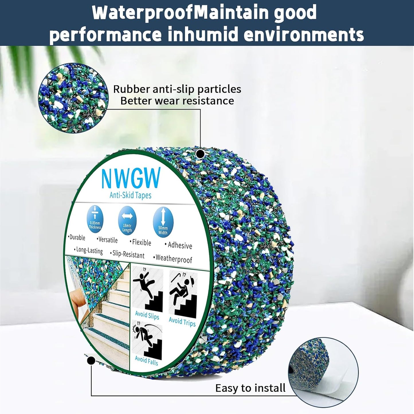 Waterproof Tape for Pools, 2" x15FT Heavy Duty Anti Slip Stair Treads Outdoor Tape Non-Slip Rubber Grip Tape Shower Strips Slip Resistant Tape Traction Tape for Stairs Showers Bathroom Trails