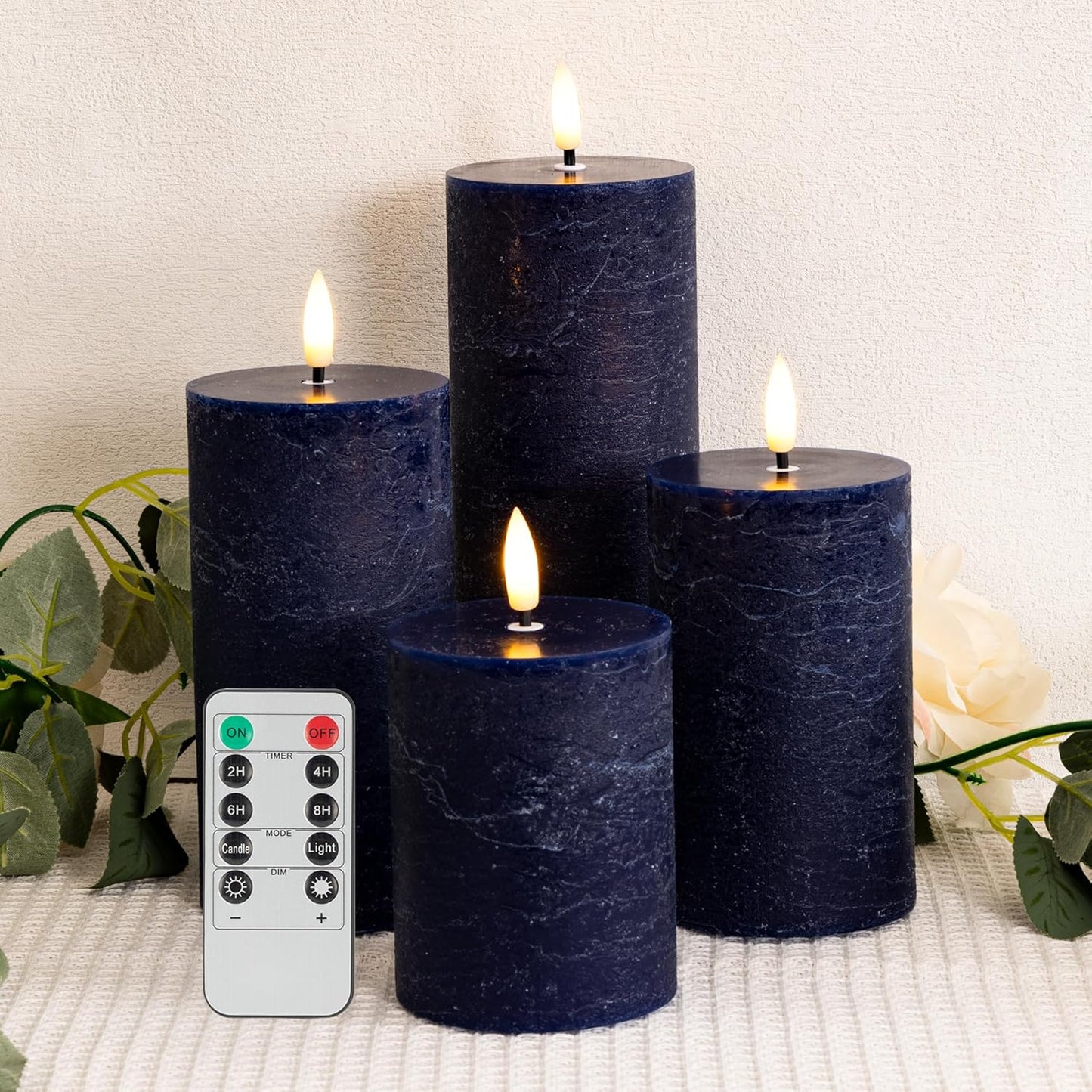 Flickering Flameless Candles, Real Wax Battery Operated Candles with Remote, Flat Top Led Flameless Pillar Candles for Home, Wedding, Party Decor, Set of 4, Φ 3" H 4" 5" 6" 8", Ivory