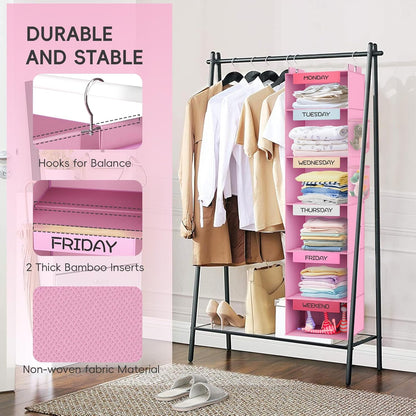 Weekly Hanging Closet Organizer for Kids, 6-Shelf Clothes Storage with Labeled Days of The Week Monday Through Friday, Weekday and Weekend, Days of The Week Clothes Organizer