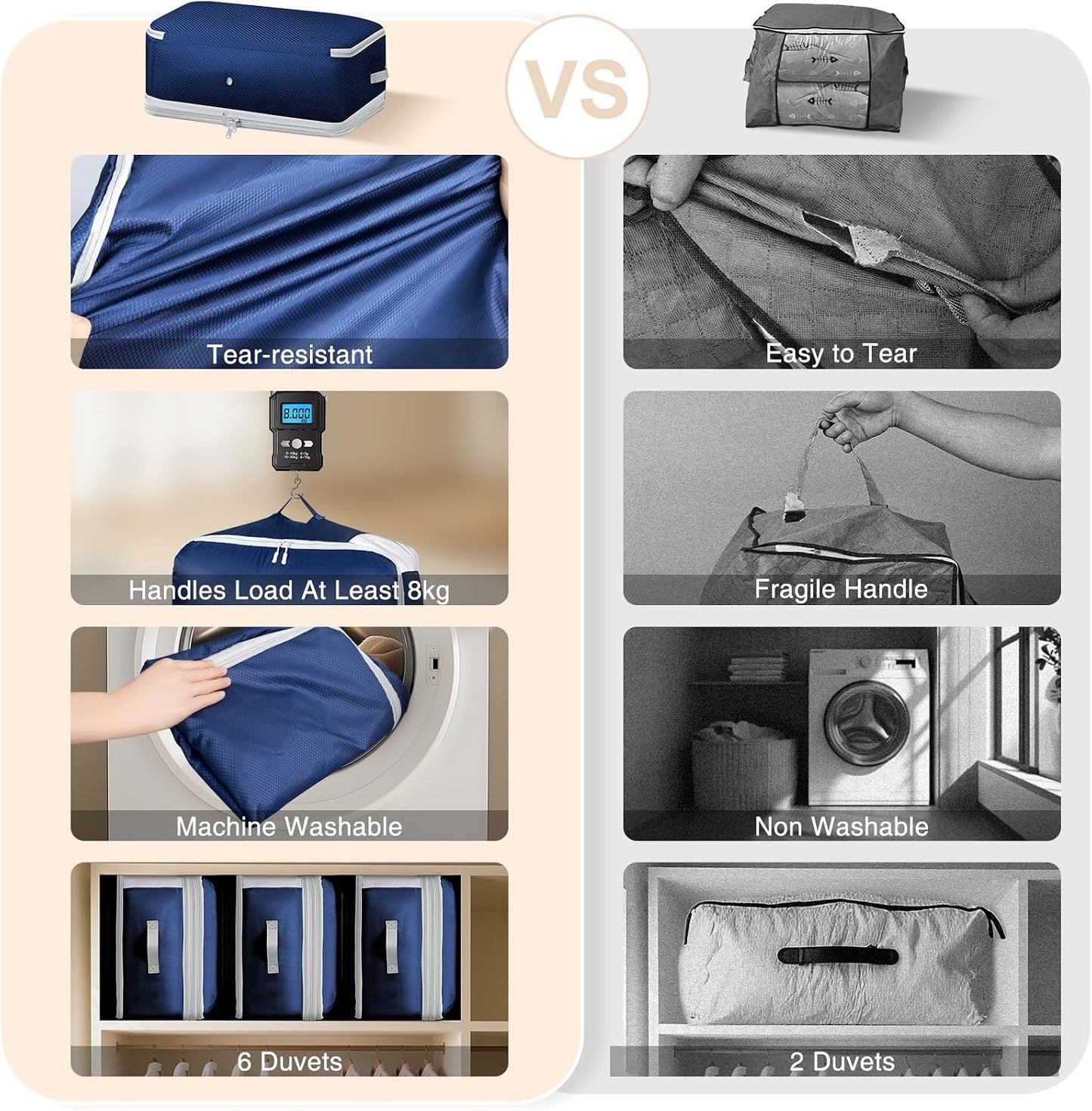 Comforter Storage Bag - 130L Large Capacity Blanket Storage Bags 4-Layer Ultra Space Saving Self Compression Organizer, Washable Compression Bags for Storage Comforter Blanket, 2-Pack, Beige