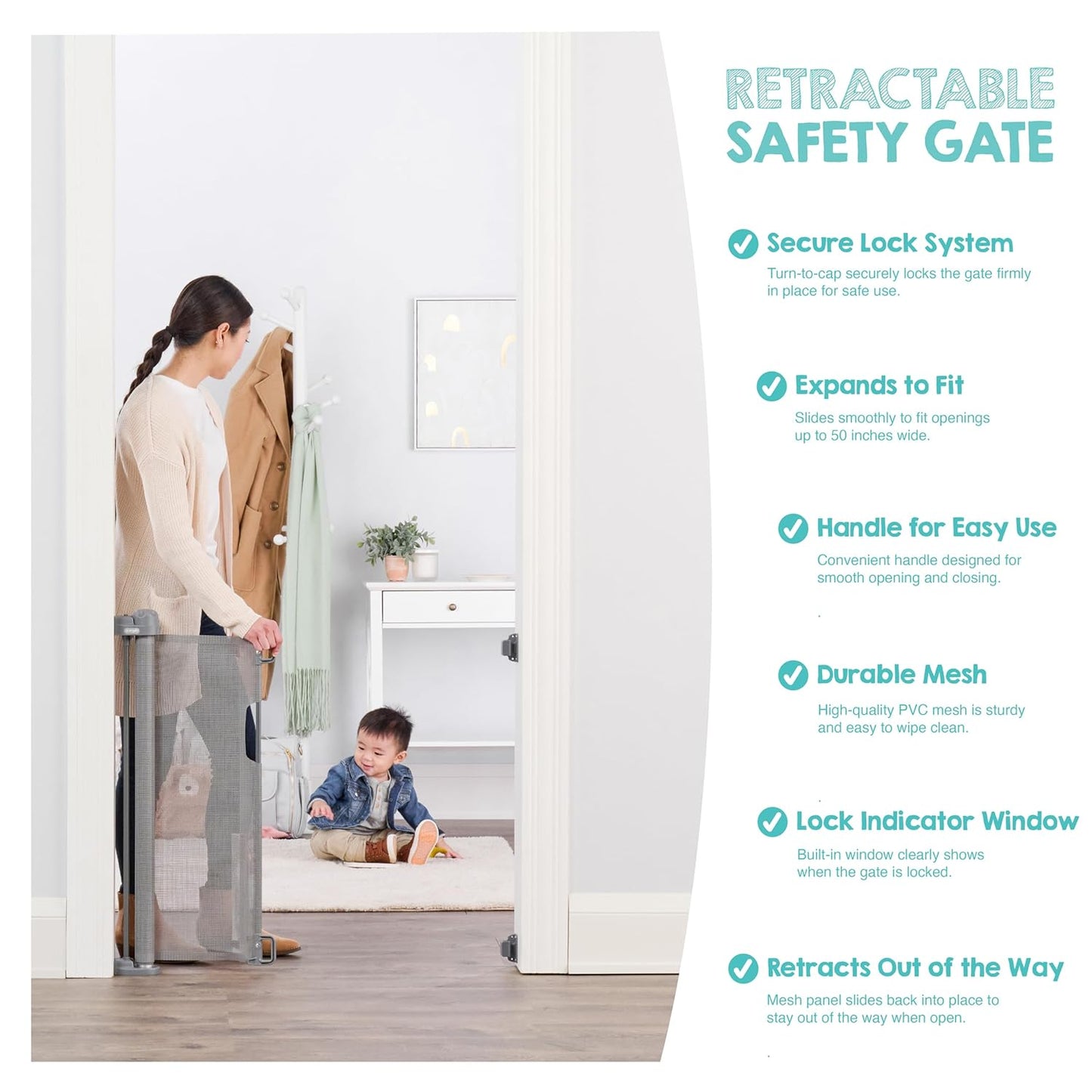 Regalo Safety 50" Extra Wide Retractable Baby Gate, Mesh Safety Gate for Doorways, Hallways & Bottom of Stairs, Hardware Mounted Gate for Babies, Toddlers & Pets, Lock Indicator Window, Gray