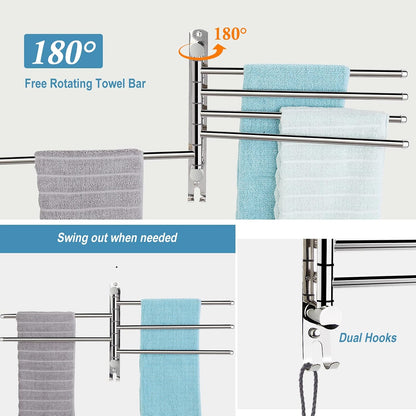 5-Arm Swivel Towel Rack - 180° Rotating Wall Mounted, 304 Stainless Steel Rustproof, Heavy Duty Bathroom Accessories, Space Saving Towel Organizer for Bathroom Kitchen Laundry - Pearl White