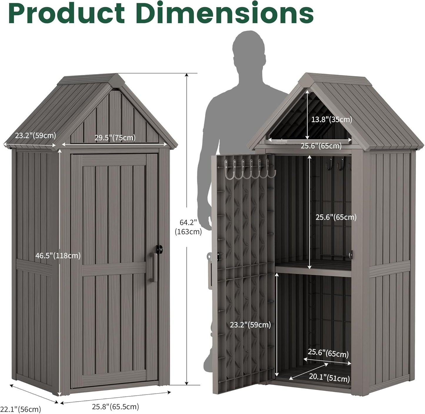 Bifanuo Deck Box Storage Shed Outdoor Storage Cabinet, Vertical Waterproof Resin Material Plastic Shed with Removable Shelves, 12 Hooks and Lock Ring for Garden, Pool and Patio (Classic Black)