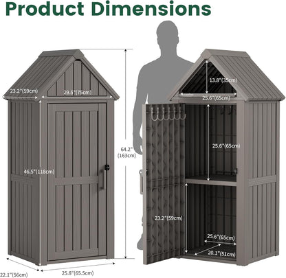 Bifanuo Deck Box Storage Shed Outdoor Storage Cabinet, Vertical Waterproof Resin Material Plastic Shed with Removable Shelves, 12 Hooks and Lock Ring for Garden, Pool and Patio (Classic Black)
