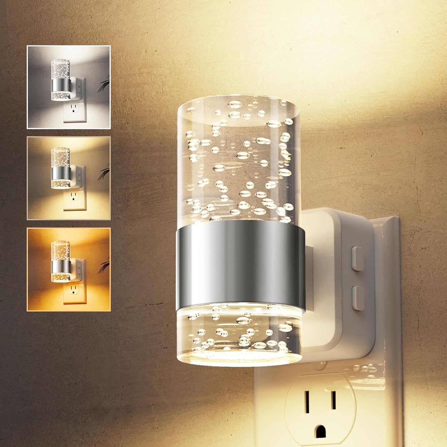 L LOHAS LED Night Light, Bubble Night Lights Plug into Wall,2 Pack 3000K/4000k/5000K Adjustable Color Temperature Night Light,Dimmable Nightlights with Dusk to Dawn Sensor for Rooms Bathroom Hallway