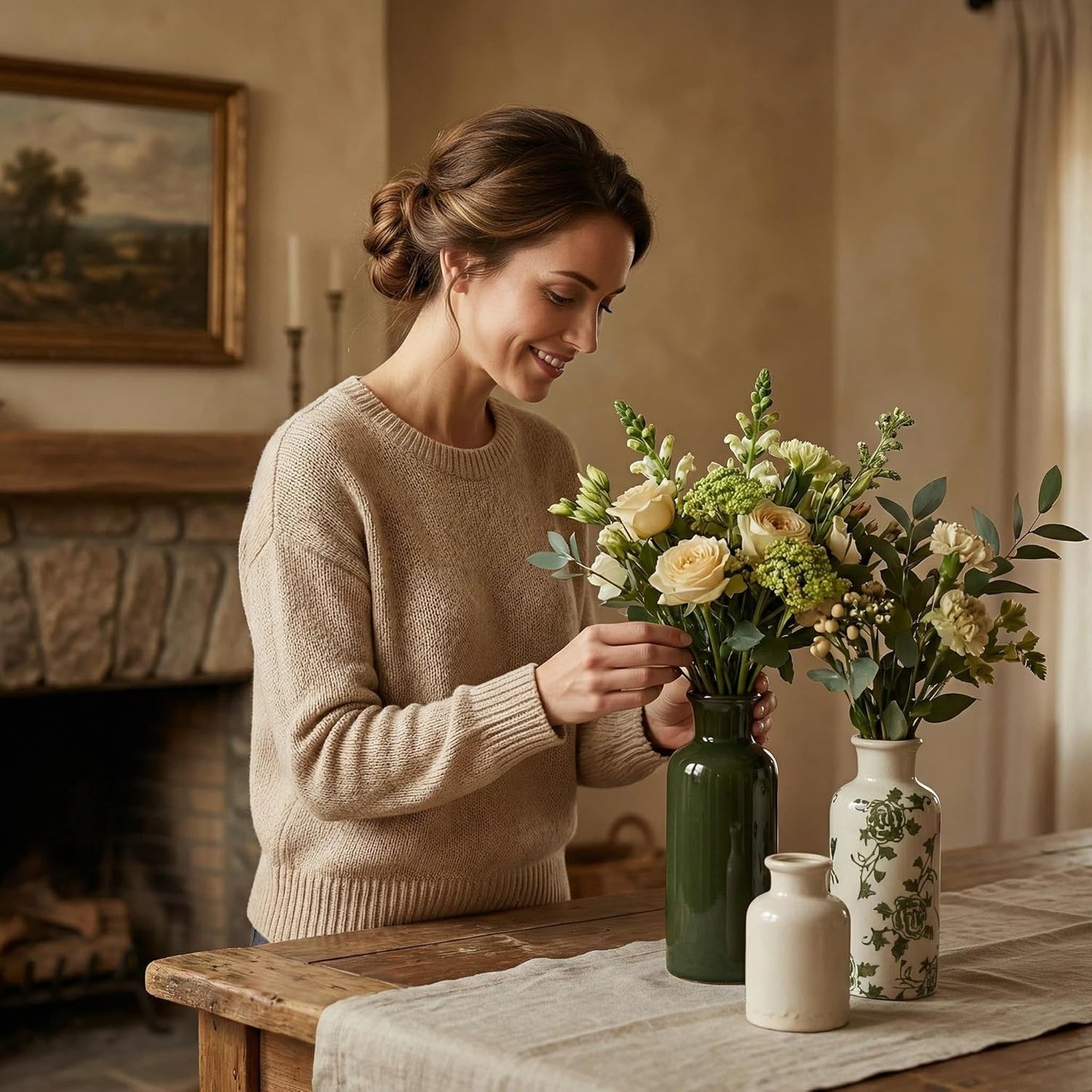 Ceramic Vase Set of 3 with Handles, Green White Neutral Rustic Modern Farmhouse Boho Decor, Versatile as Table Centerpiece or Mantel & Shelf Accent - Unique Home Gift Idea