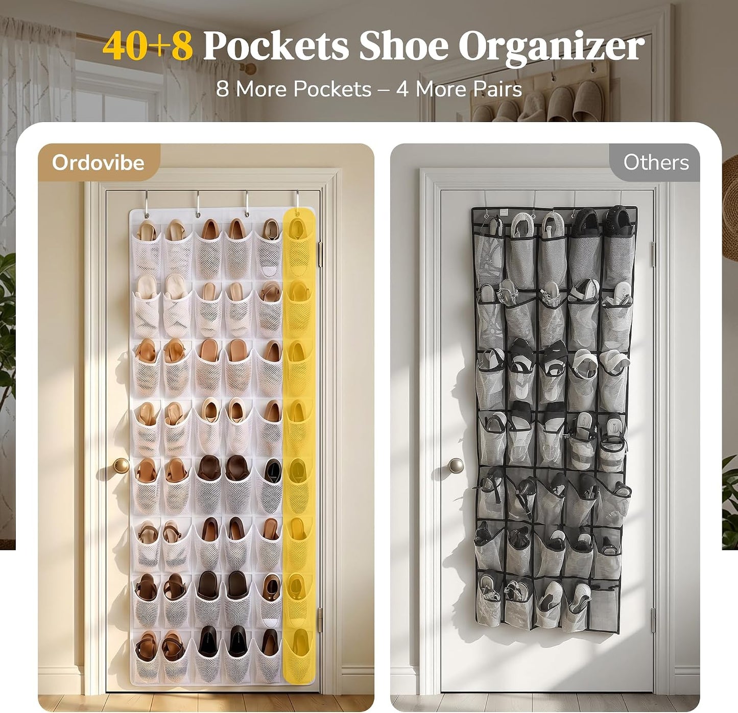 48 Pockets Over the Door Shoe Organizer, Large Mesh Hanging Shoe Rack, 6-Column Heavy Duty Shoe Storage for Sneakers and Heels, Behind Door Holder for Entryway Bedroom Dorm College, Black