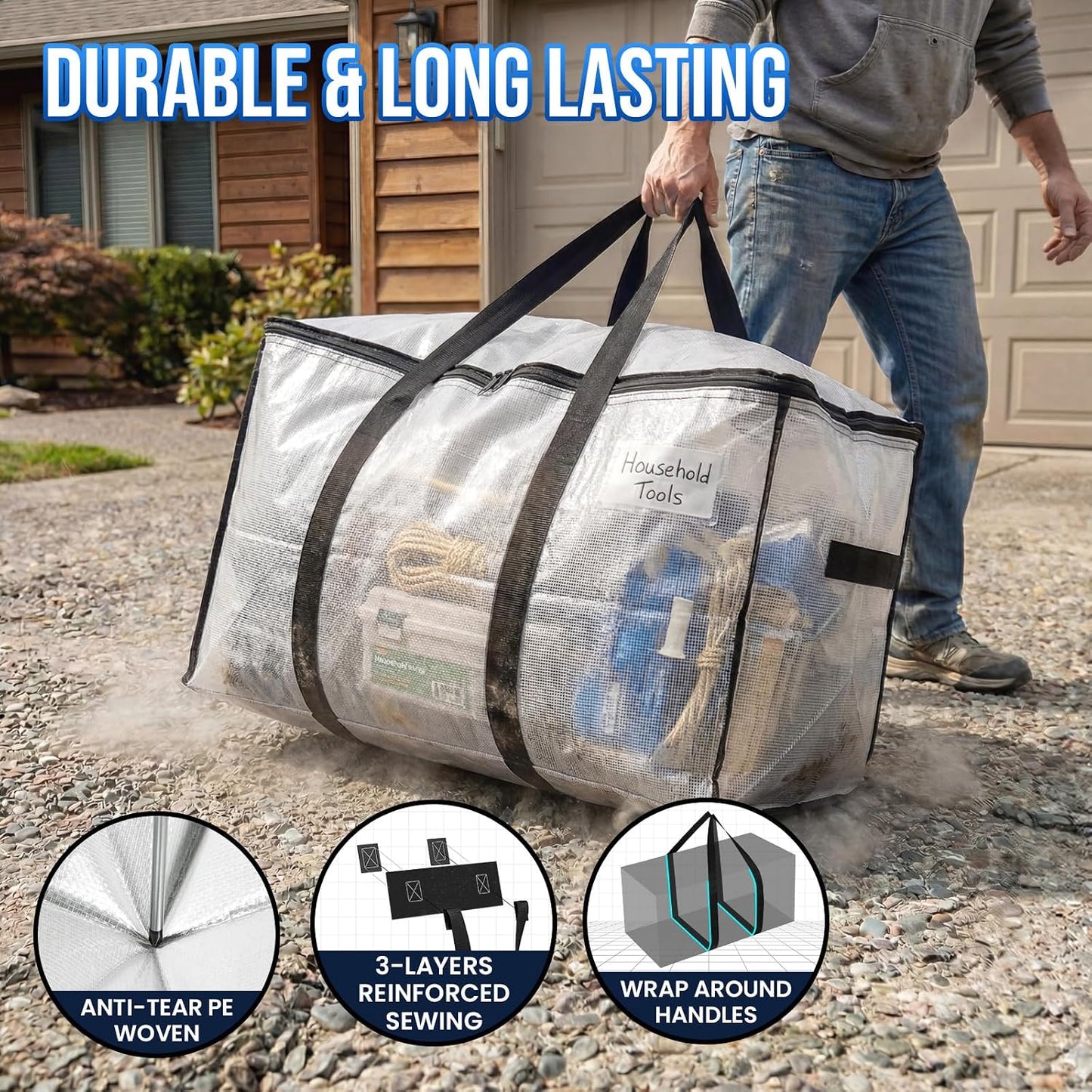 TAILI Extra Large Moving Bags, 4 Pack Blue Heavy Duty Totes For Storage with Visible Window, Wrap Around Handles, Storage Bags for Space Saving, Alternative to Moving Boxes