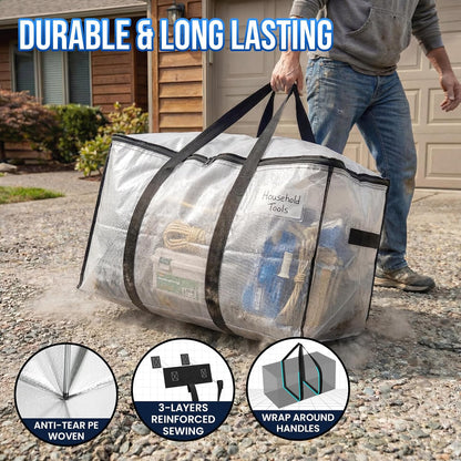 TAILI Extra Large Moving Bags, 4 Pack Blue Heavy Duty Totes For Storage with Visible Window, Wrap Around Handles, Storage Bags for Space Saving, Alternative to Moving Boxes