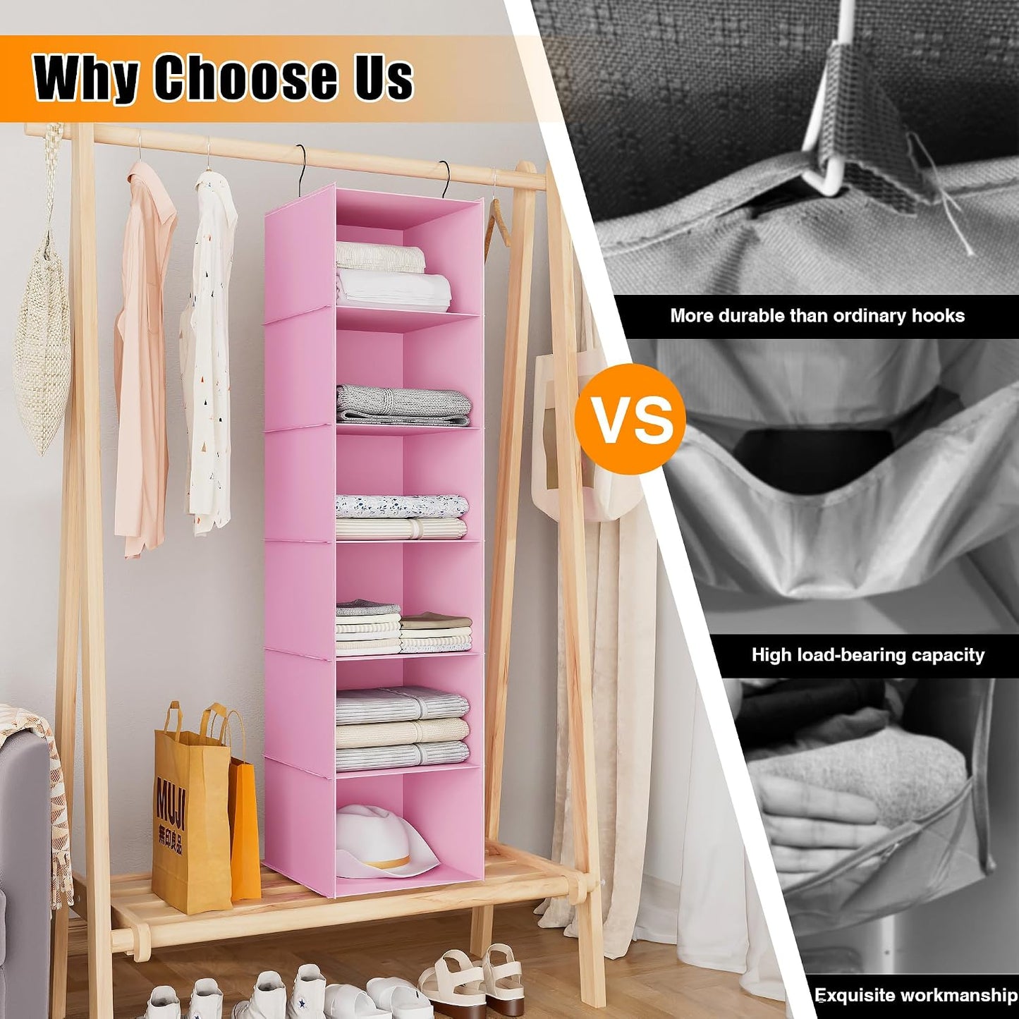 Hanging Closet Organizer 3-Shelf, Oxford Fabric Wardrobe Storage, Gray | Easy-mount foldable design holds clothes, handbags, shoes & accessories; washable Oxford fabric, sturdy and space-saving.