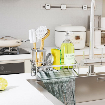 SWTYMIKI Sink Caddy Sponge Holder - Kitchen Sink Organizer with High Brush Holder for Countertop to Hold Dish Soaps and Sponges, Stainless Steel, Black
