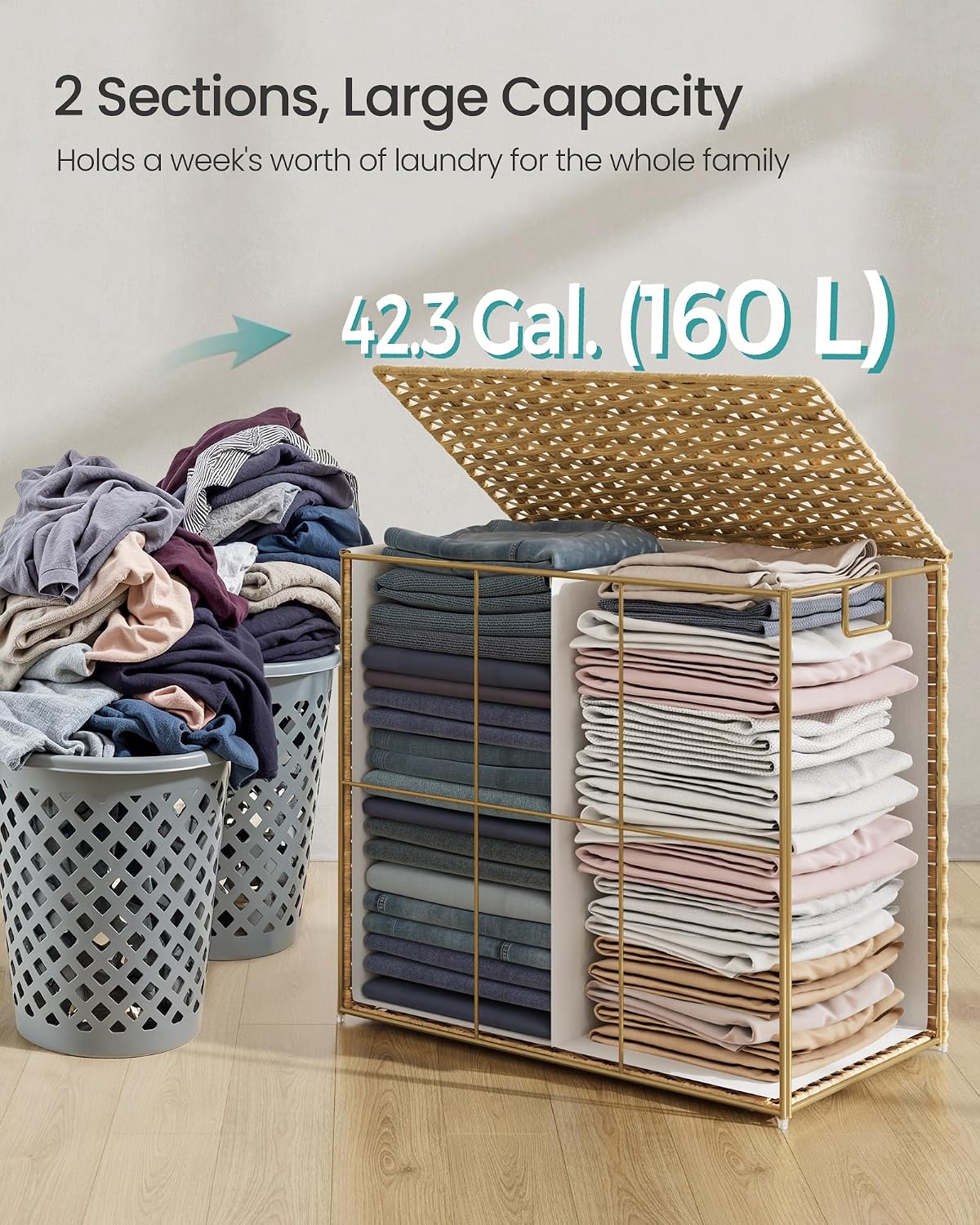 SONGMICS Laundry Hamper with Lid, 23.8 Gallon (90 L) Synthetic Rattan Clothes Laundry Basket with Lid and Handles, Foldable, Removable Liner, Chestnut Brown ULCB051K02