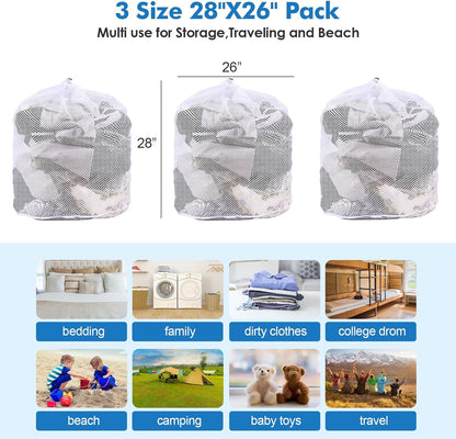 3 Pack XXL Mesh Laundry Bags for Delicates, Extra Large Laundry Wash Bags for Clothes,Bed Linen,Toys with Drawstring Closure Sturdy(3 XXLarge 28 x 26 Inches)
