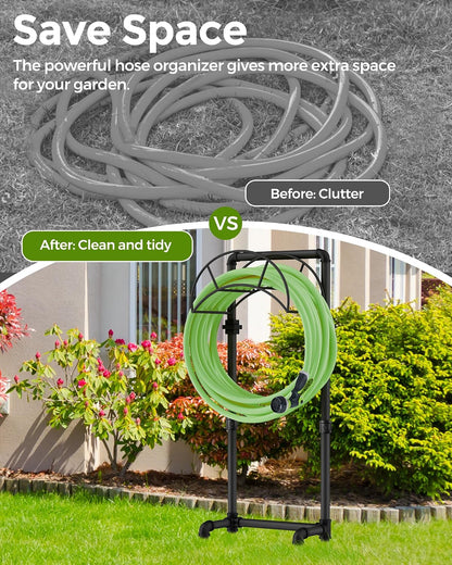 LAND·VOI Freestanding Garden Water Hose Storage Holder Stand for Outside, 160-Ft Hose Heavy Duty Metal Hanger Reel Organizer Outdoor Yard Lawn, Standing Keeper Rack with Ground Stake, Black GHH01B