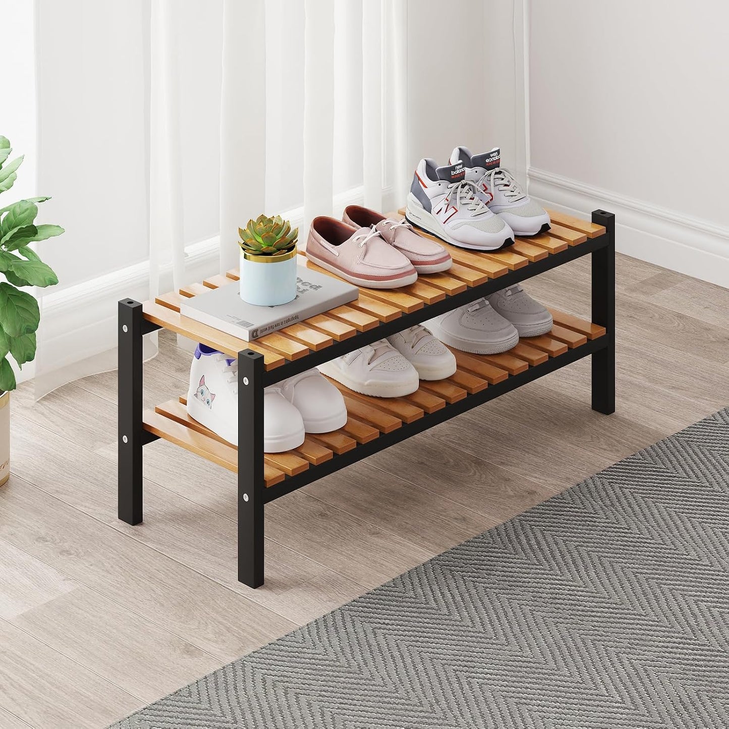 Bamboo Shoe Rack Organizer for Closet and Entryway - Space-Saving Narrow Shoe Stand - Versatile Shoe Holder for Door or Closet Shelf, Garage Bedroom can Freely Stack DIY Small Shoe Racks 3 Tier