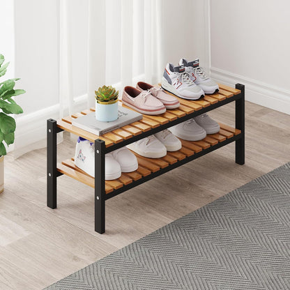 Bamboo Shoe Rack Organizer for Closet and Entryway - Space-Saving Narrow Shoe Stand - Versatile Shoe Holder for Door or Closet Shelf, Garage Bedroom can Freely Stack DIY Small Shoe Racks 3 Tier