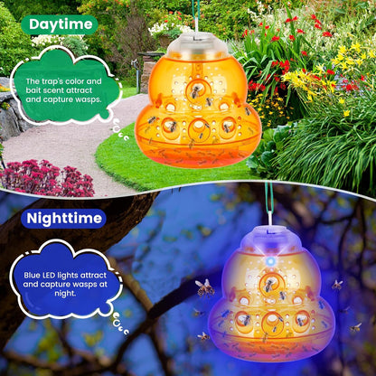 Solar Wasp Trap with Blue LED Light, Non-Toxic Reusable Hornet & Yellow Jacket Catcher, Outdoor Hanging Wasp Killer, 2 Pack - Amber