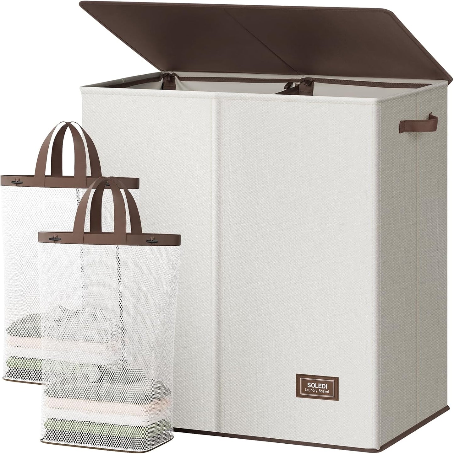 SOLEDI Luxury Double Laundry Hamper with Lid and Removable Bags, 38.3 Gal Large Laundry Bin, Laundry Basket 2 Sections, Collapsible Clothes Hamper for Bedroom, Laundry Room, Bathroom, Off-white