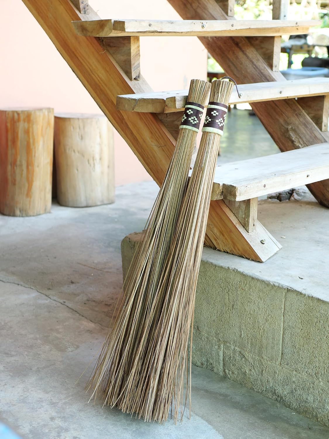 32 inch Multi-Surface Sturdy Outdoor Authentic Coconut Leaf Broom Asian Heavy Duty Broom Thai Natural Coconut Leaf Broom (Country Rustic) 1 Piece (2 piece)