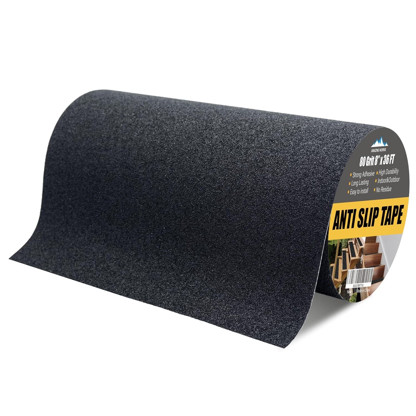 Grip Tape - Heavy Duty Anti Slip Tape 80 Grit Non Slip for Stairs Outdoor/Indoor, Waterproof High Traction Stairs Non Skid Treads, Durable Triple Layer Adhesive - Black (1 Inch x 20 Feet)
