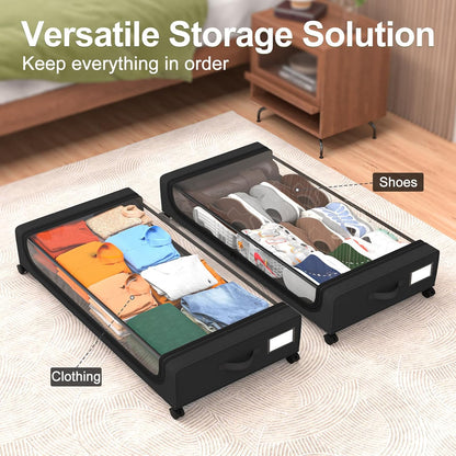 GoMaihe Under Bed Storage with Wheels: 48L Underbed Storage Containers with Lids - Rolling Bins for Shoes Clothes in Dorm Bedroom - Metal Drawers Easy Pull-out Grey 2-Pack