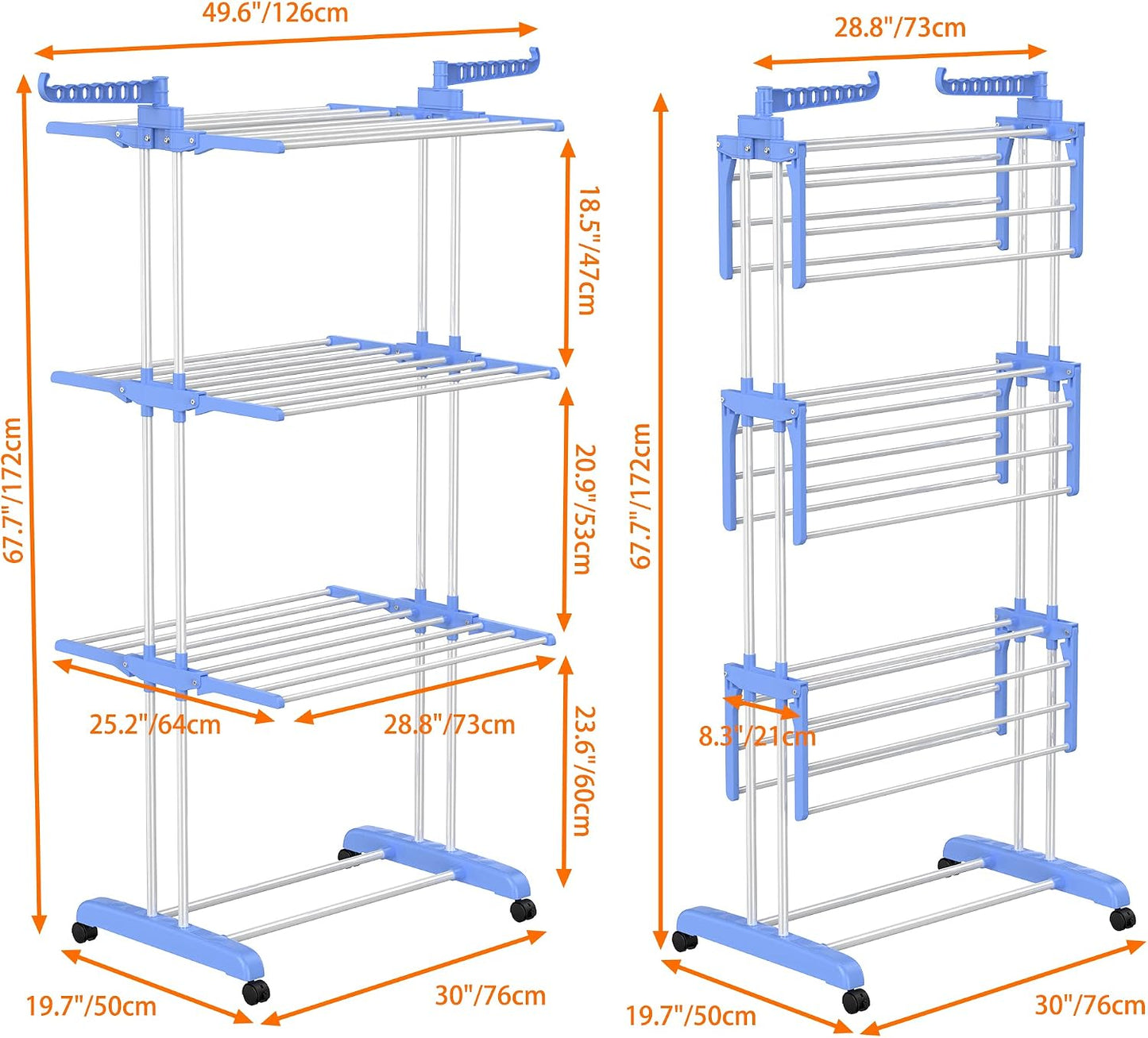 HOMIDEC Clothes Drying Rack, Oversized 4-Tier(67.7" High) Foldable Stainless Steel Drying Rack Clothing, Movable Drying Rack with 4 castors, 24 Drying Poles and 14 Hooks for Bed Linen, Clothing, Grey