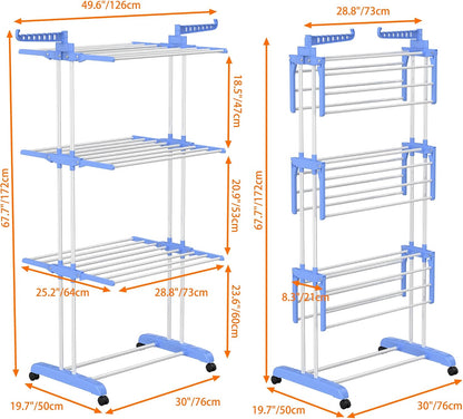 HOMIDEC Clothes Drying Rack, Oversized 4-Tier(67.7" High) Foldable Stainless Steel Drying Rack Clothing, Movable Drying Rack with 4 castors, 24 Drying Poles and 14 Hooks for Bed Linen, Clothing, Grey