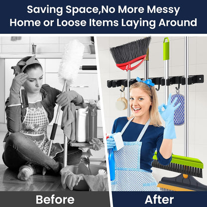 Broom Mop Holder Wall Mount Broom Hanger Wall Mounted Metal Organization Garage Storage Garden Kitchen Tool Organizer With 4 Racks and 5 Hooks (Silver, 1 Pack 3R4H)…