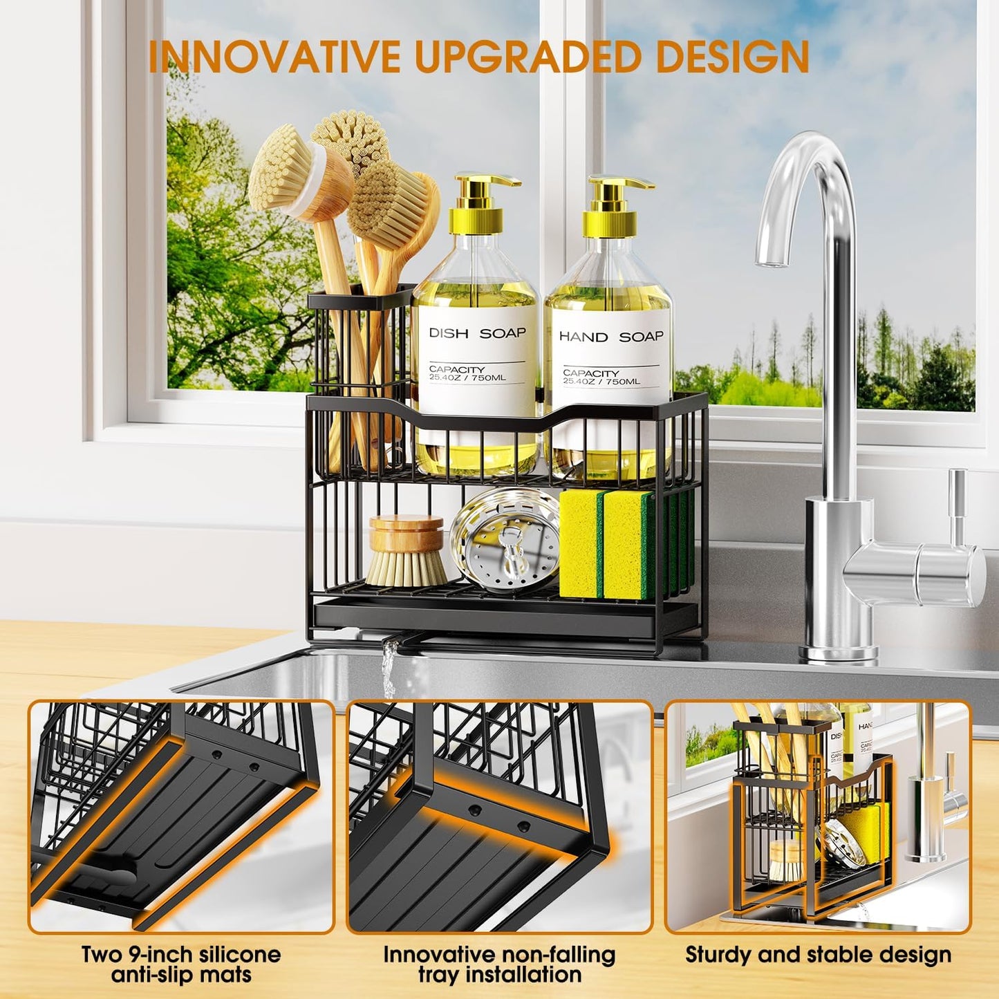 2-Tier Rustproof Kitchen Sink Caddy with Self-Draining Tray, Dish Brush & Sponge Holder, Non-Slip Base - Black