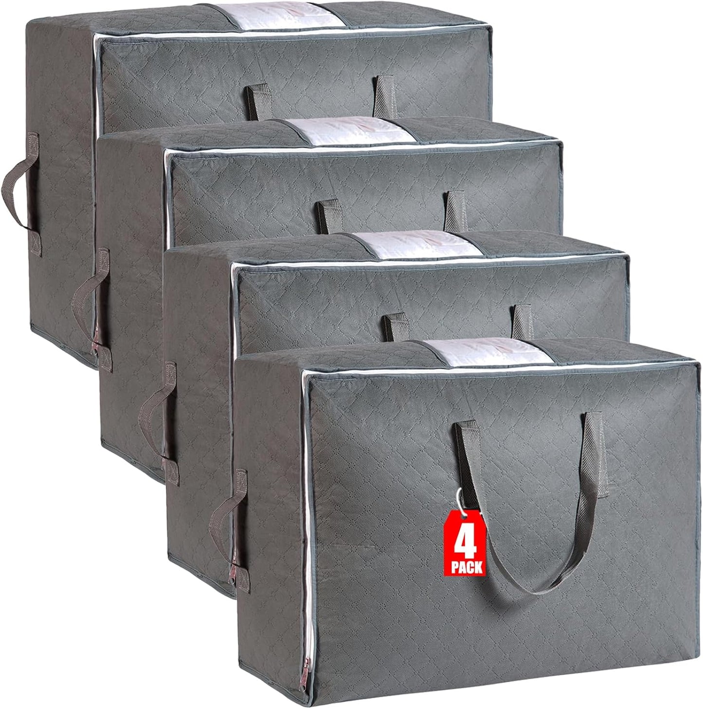 105L Extra Large Storage Bags for Blankets, King Comforters, Bedding, Clothes, Pillows, Sheets - Closet Organizers and Storage with 4 Handles & Clear Window, Foldable & Breathable (Grey, 3pack)