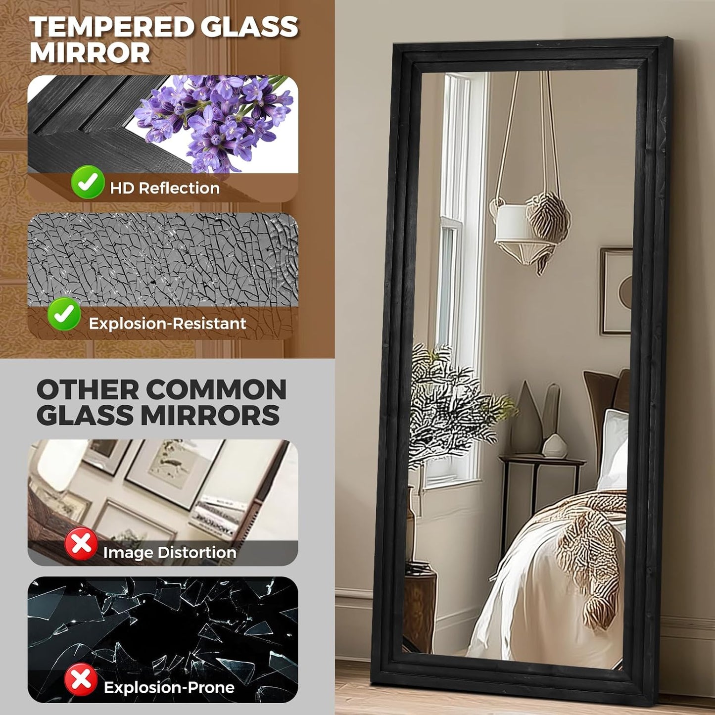 65"x22" Full Length Mirror Solid Wood Frame Floor Mirror with Stand for Living Room, Bedroom Hanging Standing or Leaning, Brown