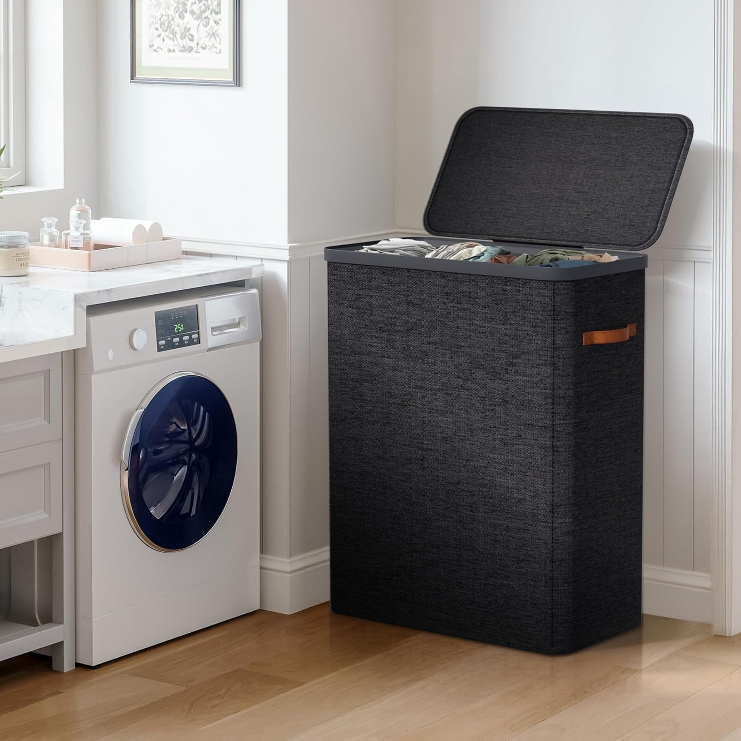Sorbus Laundry Hamper with Lid - Collapsible 3-Compartment Fabric Laundry Basket with Handles and Removable Laundry Bag – 50 Gallon (190 L) Dirty Clothes Hamper for Bedroom, bathroom and dorm (Beige)