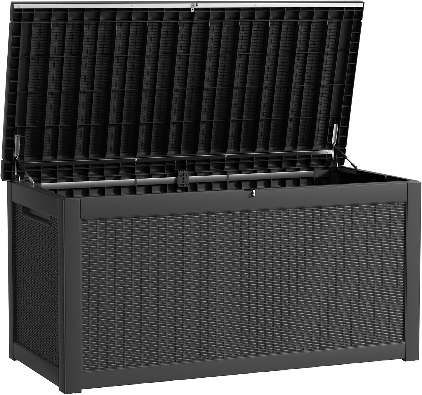 320 Gallon Waterproof Outdoor Storage Box, UV Resistant Resin Deck Box with Hydraulic Rod for Reinforced Stability, Perfect for Patio, Garden, and Pool（Black，320 Gallon）