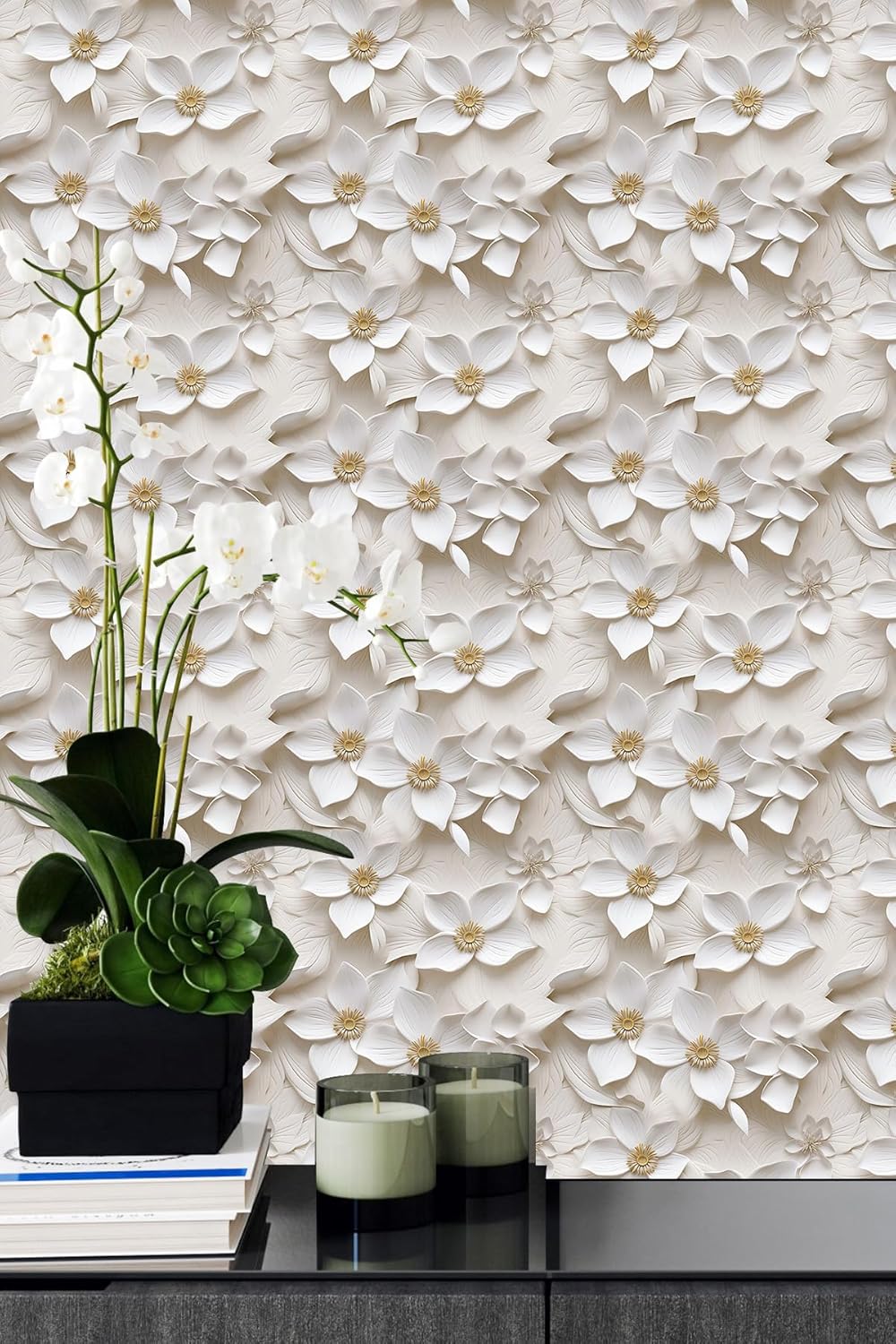 Floral Peel and Stick Wallpaper 3D Effect Interior Wall Décor Contact Paper Self Adhesive Removable Renter Friendly for Bedroom Living Cabinet Room 17.7in x 9.8ft (Not Textured Wallpaper