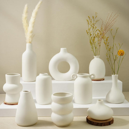 Small White Ceramic Vase Set of 10 Ceramic Bud Vases in Bulk Modern Farmhouse Boho VaseS for Pampas Grass, Flowers, Decorative Ceramic White Flower Vases for Home Decor, Entryway Table Decor