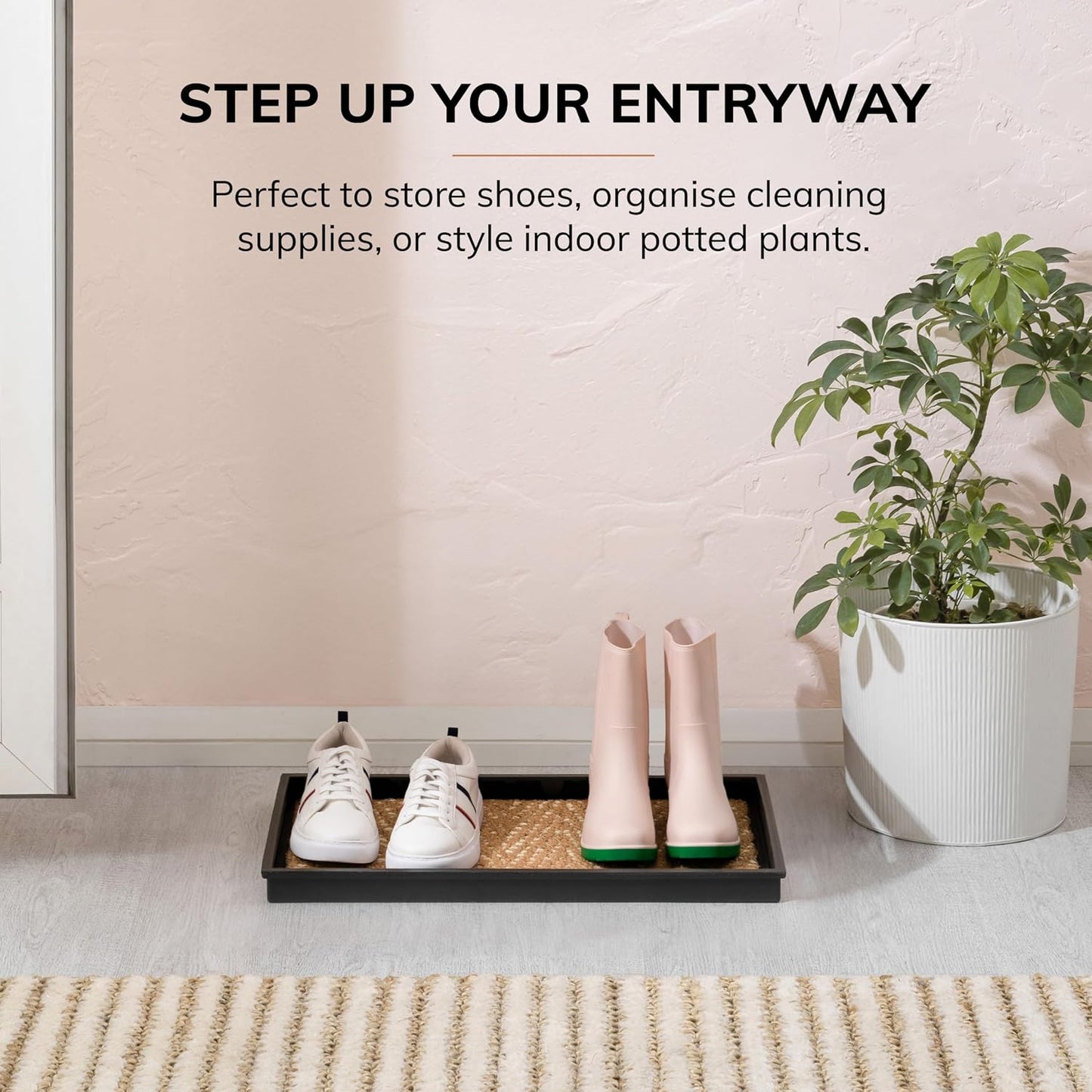 Anji Mountain Heavy Duty Waterproof Rubber Shoe Storage Mat Organizer/Boot Storage Tray Multi Use For Entryway with Coir, Tan and Khaki Insert , Fits 4 Pair (46.5" Wide)