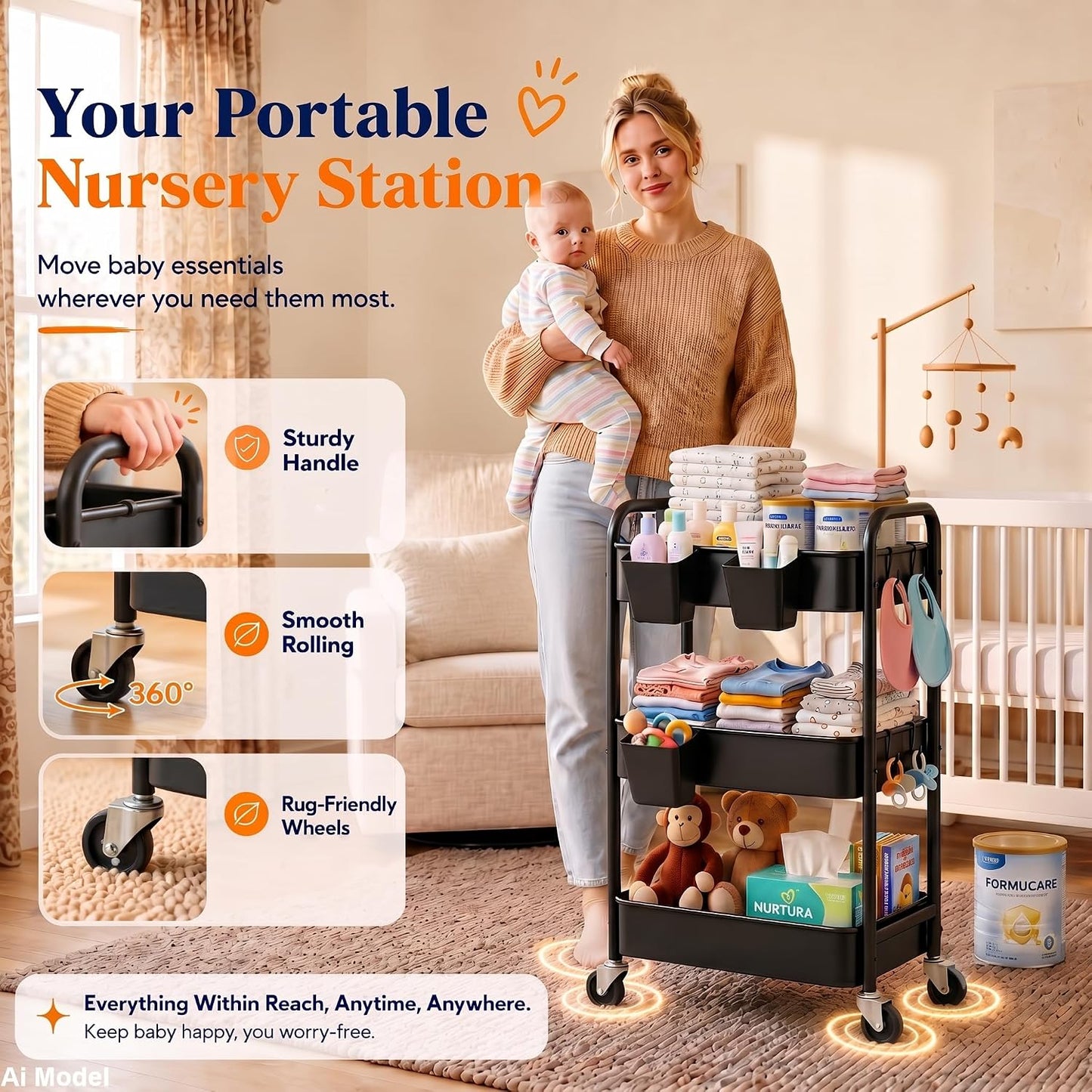 2 Tier Small Rolling Cart Metal with Wheels, White Under Desk Storage Cart on Wheels, Short Utility Roller Caddy Carts Organizer for Art,Craft,Pantry,Bathroom, Two Tiered Shelf Trolley,22 Inches Tall