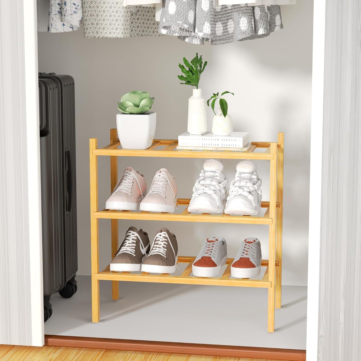 ROMGUAR CRAFT 3 Tier Bamboo Shoe Rack for Closet Free Standing Wood Shoe Shelf Storage Organizer for Entryway Small Space Stackable 27"x11"x20" (Natural)