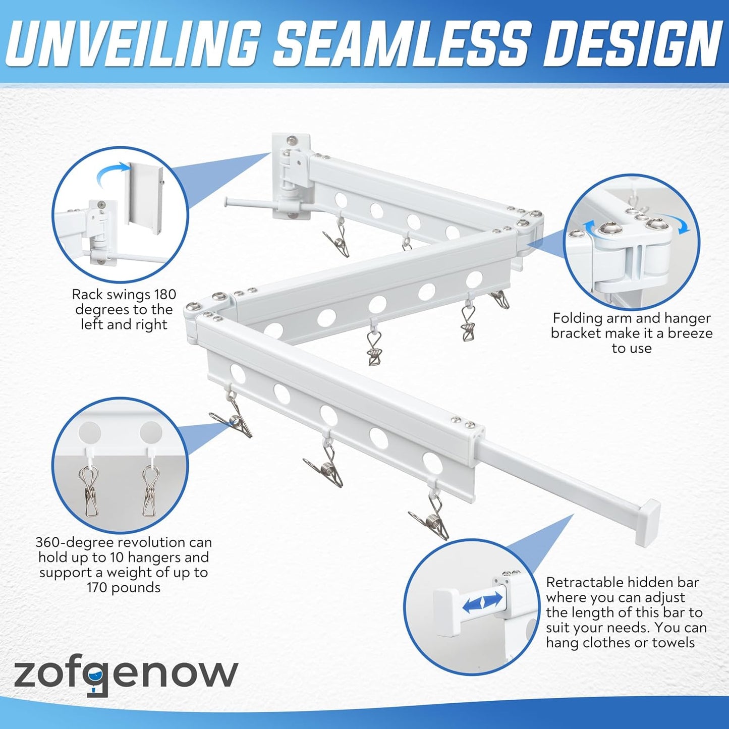 ZOFGENOW Clothes Drying Rack Wall Mounted, Retractable & Collapsible(Tri-Fold) Space-Saving Foldable Laundry Drying Rack for Indoor & Outdoor Use - Laundry Rooms, Bathroom & Balconies (White)