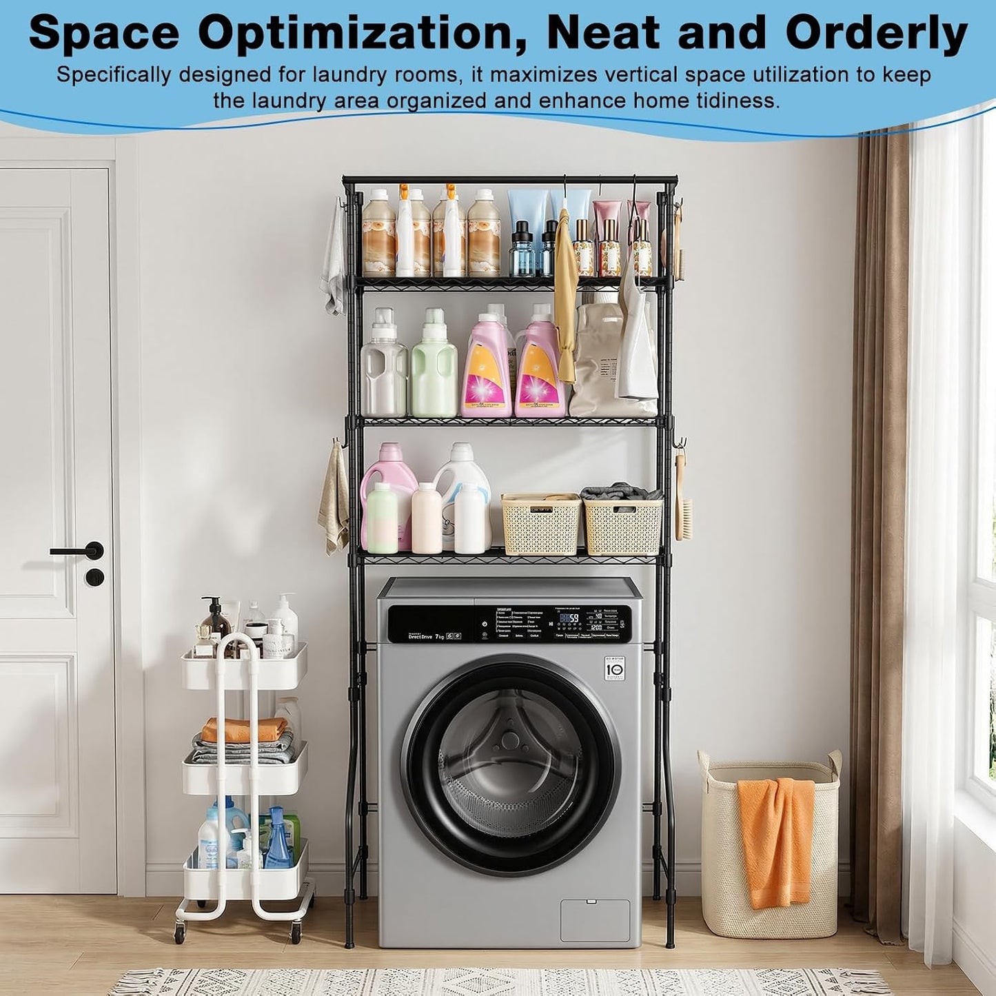 Laundry Room Storage Shelf – 3 Tier Carbon Steel Organizer for Over Washer & Dryer, Adjustable Height, with Hanging Rod & Rotating Hooks, Heavy Duty Space Saver Black