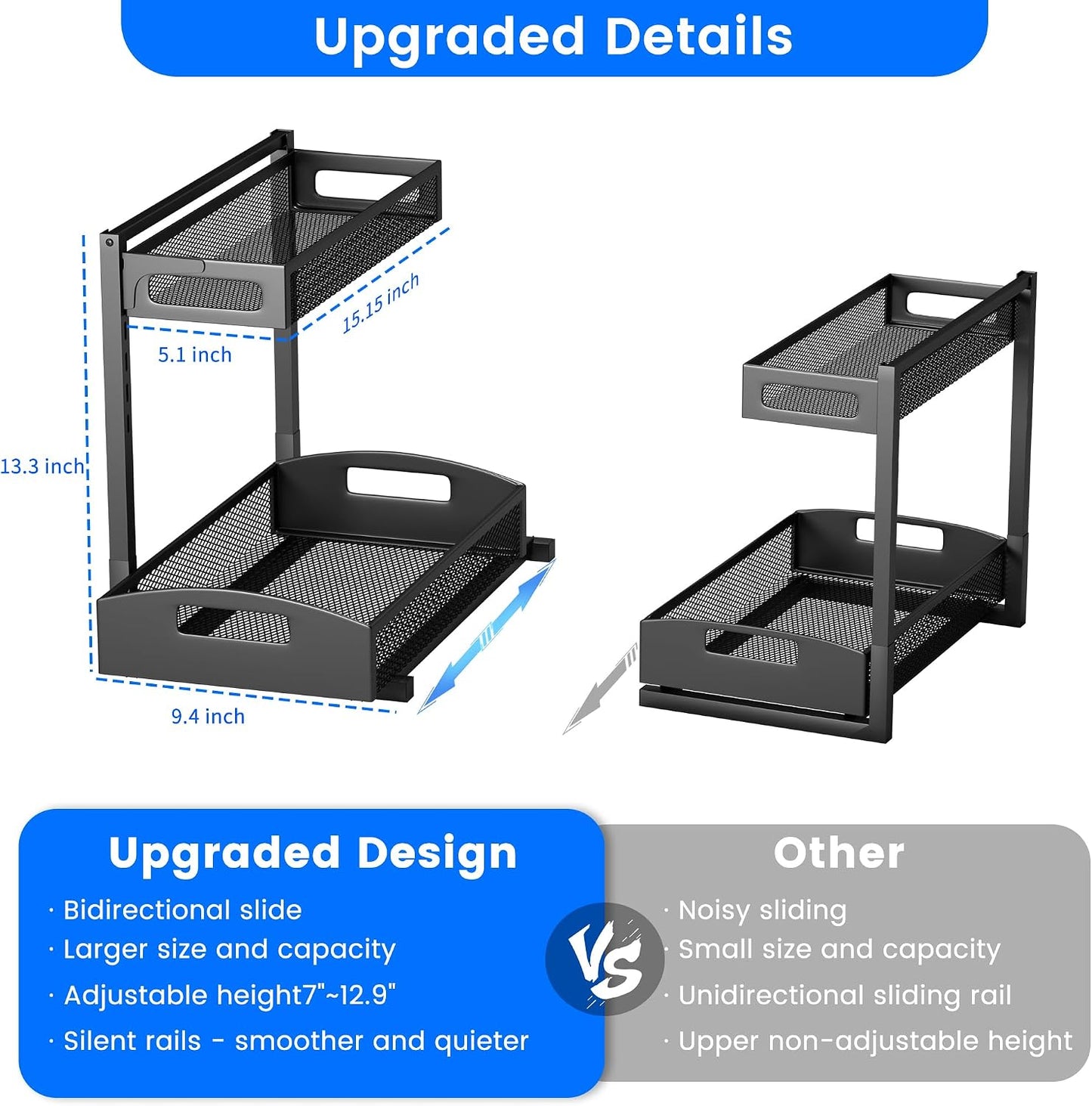 Petiza Under Sink Organizer Pull Out Cabinet Organizer Adjustable Height 2 Tier with Sliding Drawers Kitchen Bathroom Organizer and Storage(1pc)