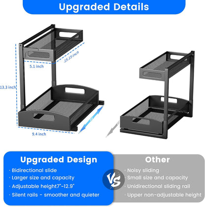 Petiza Under Sink Organizer Pull Out Cabinet Organizer Adjustable Height 2 Tier with Sliding Drawers Kitchen Bathroom Organizer and Storage(1pc)