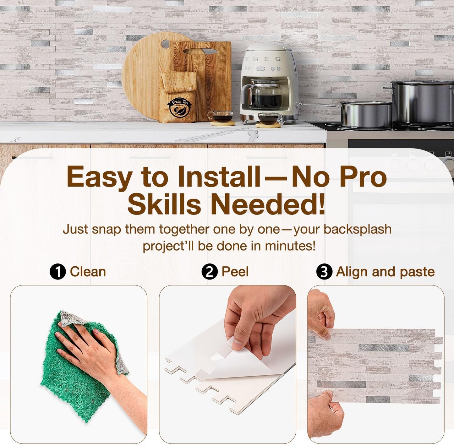 Peel and Stick Backsplash Tile Waterproof Removable PVC Wall Sticker 3D Faux Stone Marble Brick White Accent Panels (White Marble - Metal Silver, 20 Tiles - 9 sq. ft. (0.84 M²))